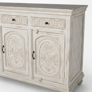 Classic White Eco-friendly Premium Quality Mango Wood Hand Carved Floral Buffet <b>Cabinet</b> <b>Sideboard</b> for Dining <b>Kitchen</b> Hallway - Product Image 2