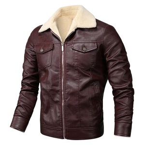 <b>Men's</b> Dark Brown PU Leather <b>Jacket</b> With <b>Shearling</b> Collar Zip Front Two Pockets Casual Outwear - Product Image 1