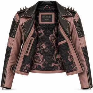 Custom Made Dusty Pink Black Leather Jacket <b>Women</b> Sugar Skull Printed Studded Biker <b>Outerwear</b> OEM ODM Offer Service Provider - Product Image 5