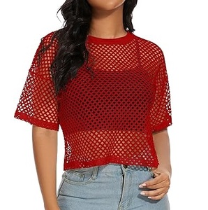Camiseta de malla transparente sexy de moda, personalizable, informal, holgada, de encaje tejido, para mujer, camiseta de verano para la playa - Product Image 5