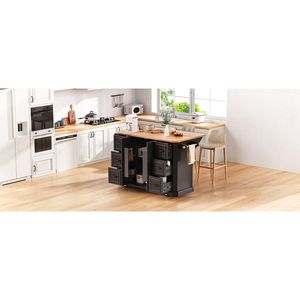 Isola da Cucina K K da 56 Pollici con 4 Ripiani, Presa di Corrente, Strisce Verticali in Rilievo, Piano Ribaltabile in Impiallacciatura di Legno di Gomma - Product Image 4