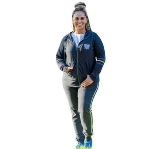 Ensemble de survêtement noir Sigma Gamma Rho pour femme, bleu avec rayures dorées, deux pièces, style décontracté athlétique, sweat à capuche zippé et pantalon de jogging, pour sororité grecque - Product Image 1