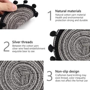 Handwoven Round Cotton Rope <b>Coaster</b> <b>Set</b> with Black Pom Pom Trim Boho <b>Table</b> <b>Mats</b> Farmhouse Drink <b>Coasters</b> <b>Set</b> <b>of</b> <b>6</b> - Product Image 3