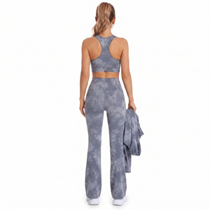 Tie Dye <b>Yoga</b> Set <b>Women</b> Racerback Crop Top High Waist Flare Leggings 3 Piece Breathable Crop Jacket Spandex Polyester Flare <b>Pant</b> - Product Image 6