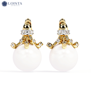 Boucles d'oreilles en perles LOISTA avec diamants naturels de taille brillante ronde, bijoux de mariage classiques pour femmes en or 14 carats - Product Image 2