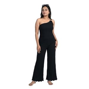 Combinaison asymétrique noire à une manche pour femme, taille haute, longueur intégrale, coupe ample, style minimaliste, pour le printemps et l'été - Product Image 1