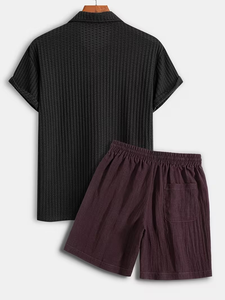 Men's Knitted Polo Shirt And Shorts Set Solid Color Breathable Casual Summer Wear - Product Image 2