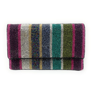 Sac à main pliable à perles multicolores rayées pour femmes, fait à la main, perles arc-en-ciel brodées, fermeture magnétique, soirée, monnaie - Product Image 1