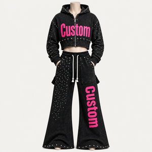 Custom Black <b>Crop</b> Hoodie With Rhinestone Studded <b>Zip</b> <b>Up</b> Tracksuit 100% Cotton Fabric Hoodie Wide Leg Trouser Two Piece Set - Product Image 5