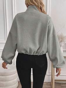 Stand Collar Women Sweatshirts Full Zip Solid Gray Cotton Fleece Oversized Drawcord Hem High Street Hoodies Custom Logo Bulk - Product Image 4