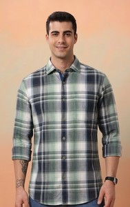 Camisa Casual de Algodón Tejido a Cuadros Verdes para Hombre Enovate, Cuello Clásico, Manga Larga, Doble Botonadura, Transpirable, Estilo Veraniego - Product Image 1