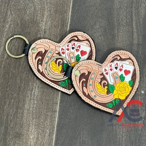 Personalized Genuine Cow <b>Leather</b> Heart Keychain Western Tooled Horseshoe Poker Card Design Handmade <b>Key</b> Ring Gift for Unisex - Product Image 1