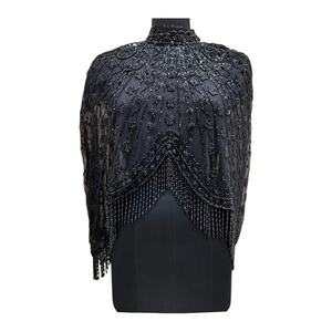 2026 Elegant Black Silver Embellished Fringe <b>Shawl</b> <b>Sequins</b> 100% Cotton Mesh Fabric Breathable Vintage Style Women's Party - Product Image 1
