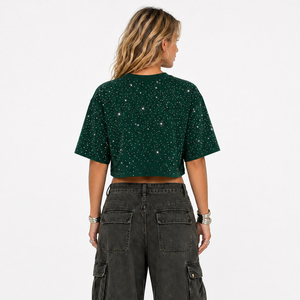 T-shirt décontracté court et oversize avec strass Y2K, épaules tombantes, pour femme, personnalisable avec logo, en coton épais 100% - Product Image 2