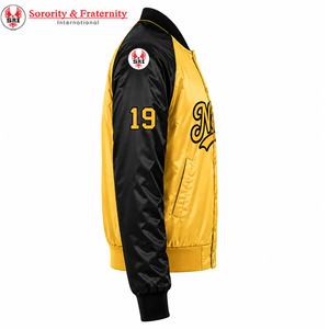 Veste universitaire noire et dorée contrastante en satin pour femme NCBW Sorority, avec boutons-pression sur le devant, col et poignets en tricot côtelé, style universitaire - Product Image 2