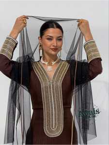 Awais House Women's Brown Embroidered Floor-Length Modest A-Line Silhouette Dress Beading V-Neck Long Sleeve Evening Natural - Product Image 5