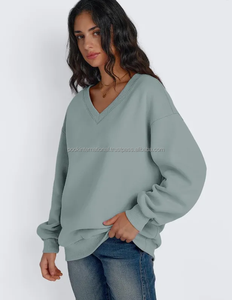 เสื้อสเวตเชิ้ตคอวีทรงโอเวอร์ไซส์สำหรับผู้หญิง ผ้าฝ้ายถัก 100% ทรงไหล่ตก สีพื้น ใส่ได้ในฤดูใบไม้ร่วง ความยาวปกติ - Product Image 4