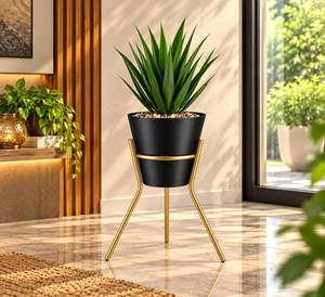 Pot de fleurs en métal noir avec support trépied doré, pot à fleurs conique moderne pour plantes d'intérieur, salon, chambre, bureau, balcon - Product Image 1