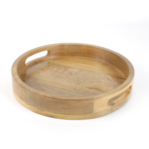 12 Inch Acacia Wooden Round Serving <b>Tray</b> <b>Table</b> Decorative Food Storage Platters With Handles for Kitchen Bathroom Living Room - Product Image 1