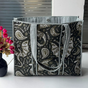 Quilted Cotton Boho Gingham Green Stripe Handprinted Reversible Large Tote Bag Eco-Friendly Sustainable Sturdy Grocery Fashion - Product Image 1
