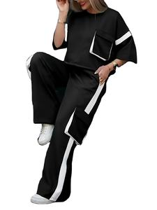 Ensemble 2 pièces pour femmes, style streetwear vintage américain, t-shirt à manches courtes uni + pantalon large à taille haute, été, 100% coton - Product Image 6