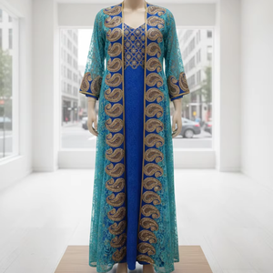 Exquisito Vestido Anarkali Azul Rey Bordado con Abrigo de Encaje Transparente Turquesa – Ropa Étnica Elegante para Ocasiones Formales - Product Image 1