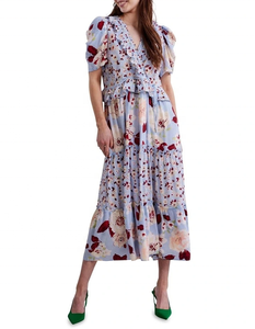 Luxury Lavender Midi Dress Design Collar Frill <b>Short</b> sleeves Regular Fit V-neck All-over floral prints Tiering in <b>skirt</b> - Product Image 1