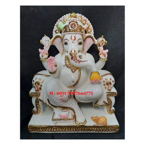 Statue de Ganesha en marbre de haute qualité, assis sur un lotus, avec des têtes sur le thème de Mukut, finition fine et polie, idéale pour les cadeaux d'affaires. - Product Image 5
