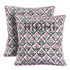 Funda de cojín de algodón con estampado de bloque de mano Rosa sandía con ribete | Funda de almohada de algodón 100% para sofá, cama y decoración del hogar - Product Image 2