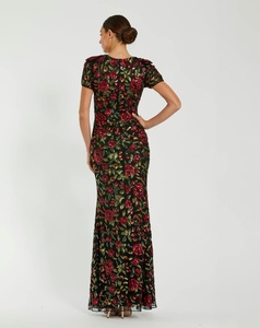Vestido de Noche Elegante Negro con Cuentas de Rosas Rojas, 100% Poliéster, Satén Antiarrugas, Cuello Redondo, Manga Casquillo, Largo hasta el Suelo - Product Image 6