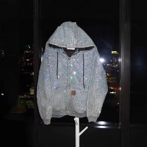 Sweat à capuche demi-zip pour homme, style streetwear, orné de strass brillants, coupe oversize, imprimé graffiti flamme, personnalisable, 100% coton, automne - Product Image 5
