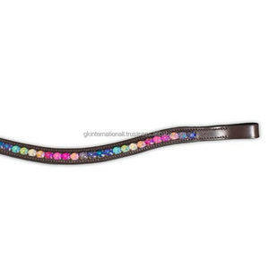 Banda para la frente de caballo de cuero acolchado canal vacío forma ondulada diseño personalizado con cristales de cristal redondos multicolores banda para la frente ostentosa - Product Image 3