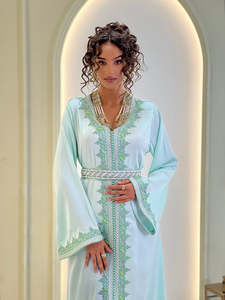 Mint <b>Green</b> <b>Silk</b> Kaftan Dress Women Embroidered V Neck Long Sleeve Modest Muslim Abaya Eid Party Gown - Product Image 2