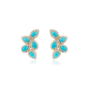 Boucles d'oreilles clous uniques faites à la main en forme d'ailes avec halo de turquoise cabochon et diamants, pierre de naissance de décembre - Product Image 1