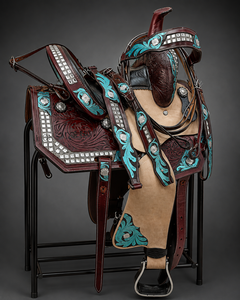 Premium Handmade Western Horse Saddle Genuine <b>Leather</b> Custom Cowboy Saddle with Turquoise Floral <b>Tooling</b> Silver Conchos - Product Image 1