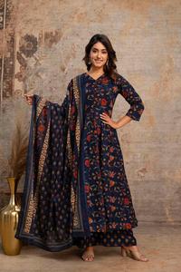 Traje Anarkali de Algodón de Secado Rápido Azul Marino para Mujer con Dupatta, Corte Regular Tradicional, Largo hasta la Rodilla, Ropa Casual para Todas las Temporadas - Product Image 4