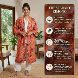 Kimono Floral Naranja de Algodón Hecho a Mano |   Bata de dormir con cuello en V y estampado para mujer |   Bata Larga con Bolsillos Delanteros y Cinturón - Product Image 5