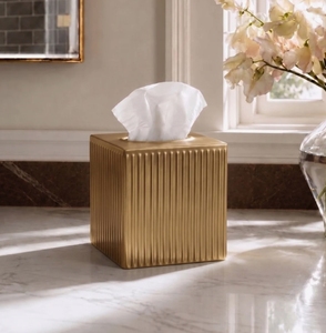 Boîte à mouchoirs carrée en métal doré cannelé, distributeur facial côtelé, accessoire moderne pour salle de bain, fourniture hôtelière en gros - Product Image 1