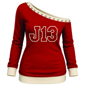 Custom Women's Red Asymmetric <b>Off</b>-<b>Shoulder</b> Fleece Knitted <b>Long</b> <b>Sleeve</b> Streetwear Winter Casual Streetwear <b>Top</b> Style Sweatshirt - Product Image 1