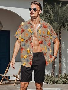 Chemise Hawaïenne Homme Manches Courtes Imprimé Bière et Crabe Chemises de Vacances Été Respirante Col Rabattu Popeline Polyester - Product Image 3