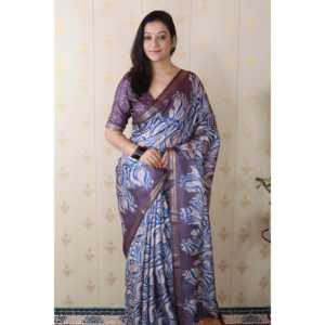 Sari en soie tussar gris abstrait doux tissé Elite Weaves, imprimé Zari, robe de soirée pour fêtes 450g - Product Image 2