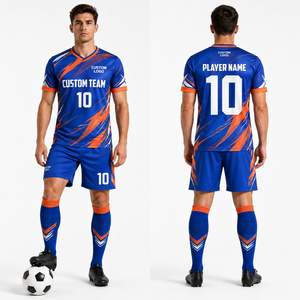 ชุดยูนิฟอร์มฟุตบอลขายส่ง เสื้อ กางเกง ถุงเท้า ชุดเซ็ต แบบซับลิเมชั่น ปัก พิมพ์ลาย โลโก้สั่งทำ ชื่อผู้เล่น เบอร์ผู้เล่น คอกลม แขนเสื้อแบบแร็กแลน - Product Image 4