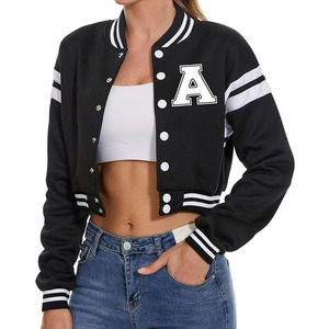 Chaquetas Varsity Cortas con Botones para Mujer, Chaqueta Universitaria Corta de Color Sólido con Parches Bordados para Damas - Product Image 1