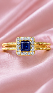 Bague de fiançailles et de mariage vintage en argent sterling 925 plaqué or avec saphir bleu taille princesse et halo de zircone cubique, style Milgrain, pour femme - Product Image 3