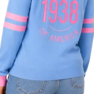 Women Blue Pink V Neck <b>Cardigan</b> Long Sleeve Button Down Knit Sweater Contrast Trim Striped Sleeves <b>with</b> <b>Pockets</b> Casual Fashion - Product Image 6