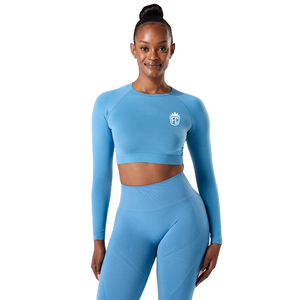 เสื้อครอปแขนยาวไร้ตะเข็บสำหรับผู้หญิง สีฟ้าโคสตัล ทรงเข้ารูป สำหรับออกกำลังกาย โยคะ ชุดกีฬา และชุดลำลอง - Product Image 1