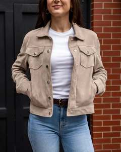 <b>Suede</b> leather Trucker <b>jacket</b> Brown and Beige Color 40% off with free shipping - Product Image 2