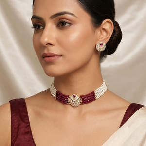 Jewelemarket Designer Fine Jewelry Set Polki Kundan Stone Pearl and Beads Choker Necklace-10575615DGR - Product Image 3