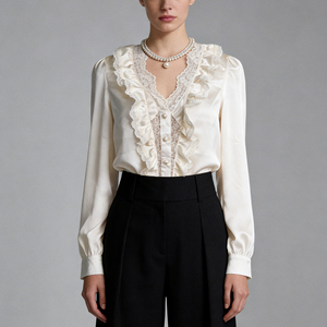 Oferta especial en Temu |   Blusa de moda para mujer con volantes y encaje, cuello en V, manga larga, con botones, elegante, informal, para el trabajo o fiestas. - Product Image 3