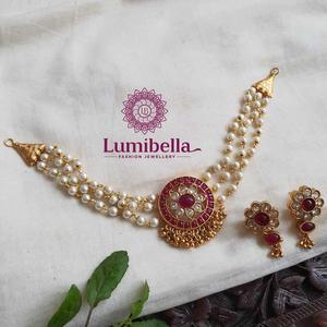 Pearl Kempu Choker Gold Plated Alloy Fashion Jewelry Set for Party - Product Image 1